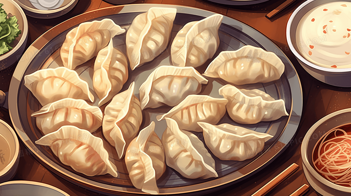 一笼蒸饺美食插画