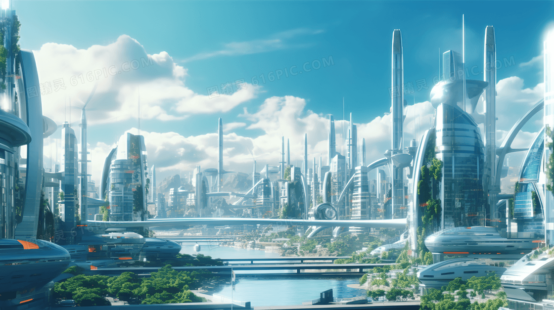 唯美科技感城市建筑风景插画