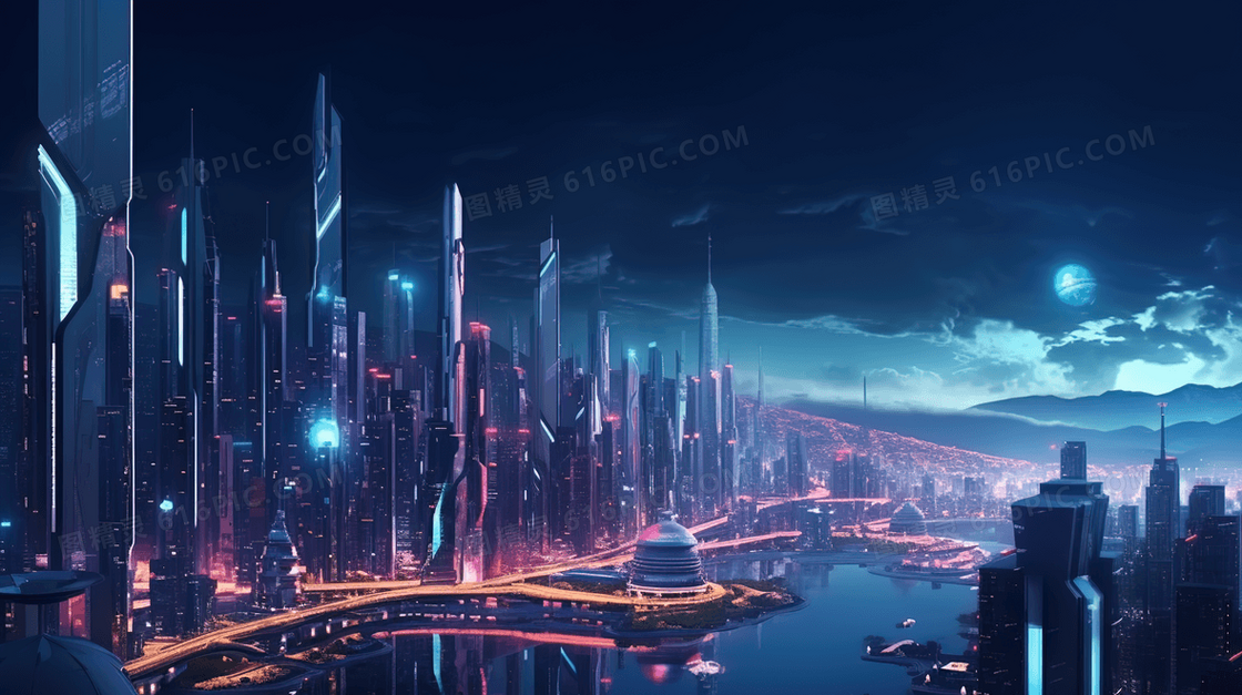 科技感唯美未来城市之光插画