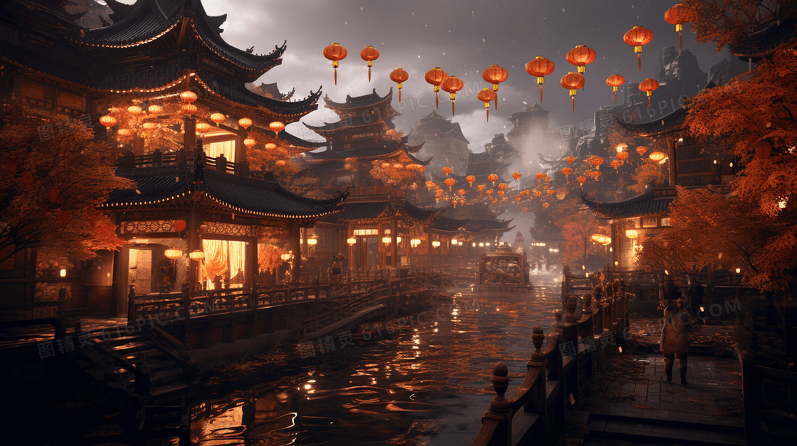 中国风红色节日灯笼古建筑插画