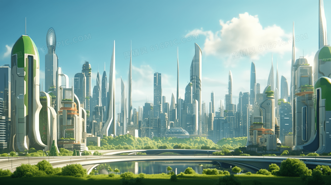 唯美科技感城市建筑风景插画