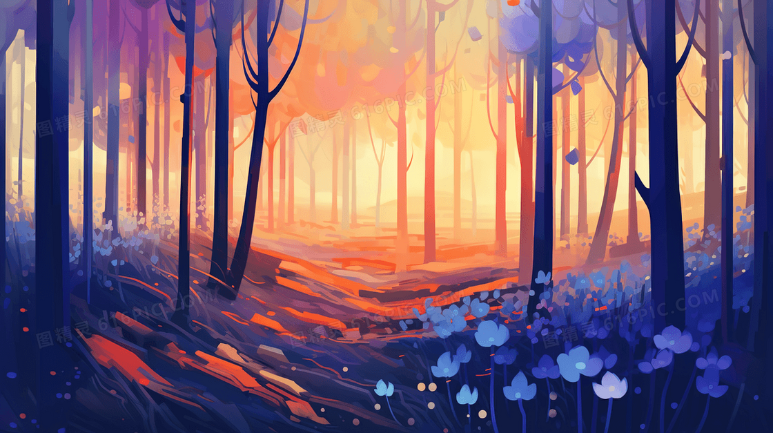 彩色唯美水彩森林风景插画