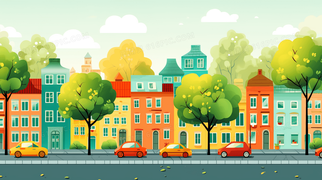 彩色卡通城市建筑风景插画