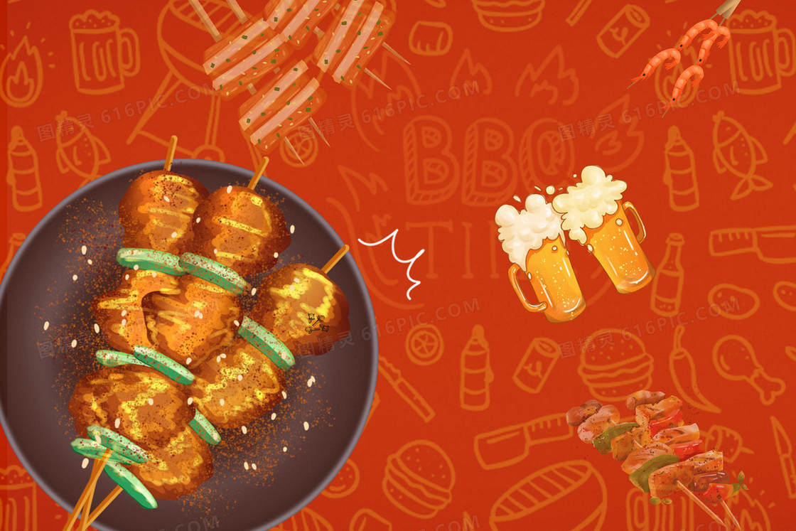 红色餐饮烤肉烧烤吃饭插画