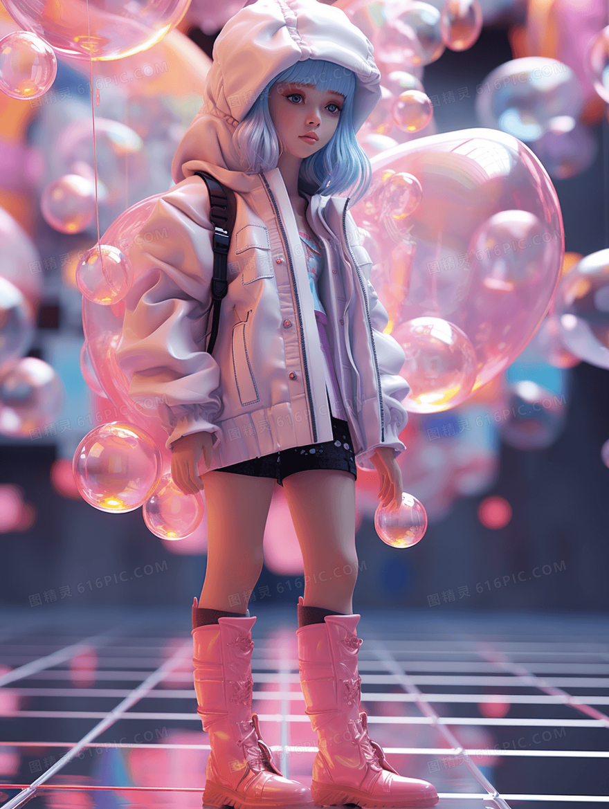 粉色系3D立体时尚卡通小女孩人物插画