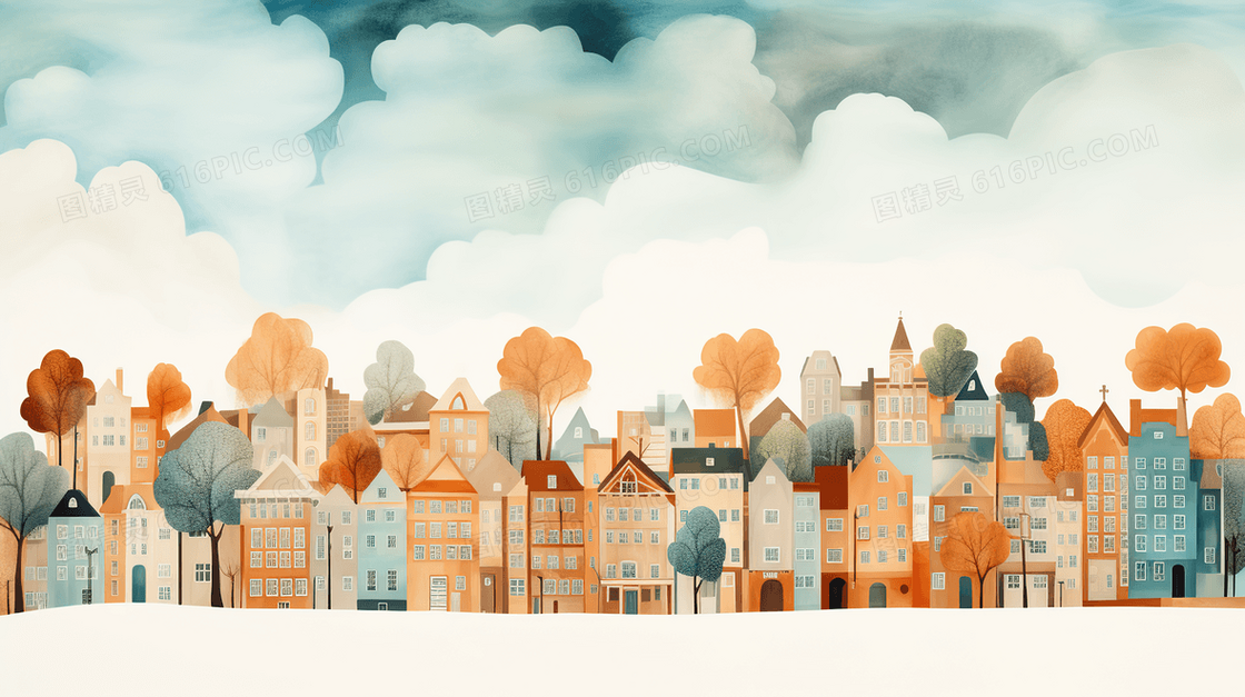 彩色水彩小镇街景房屋插画