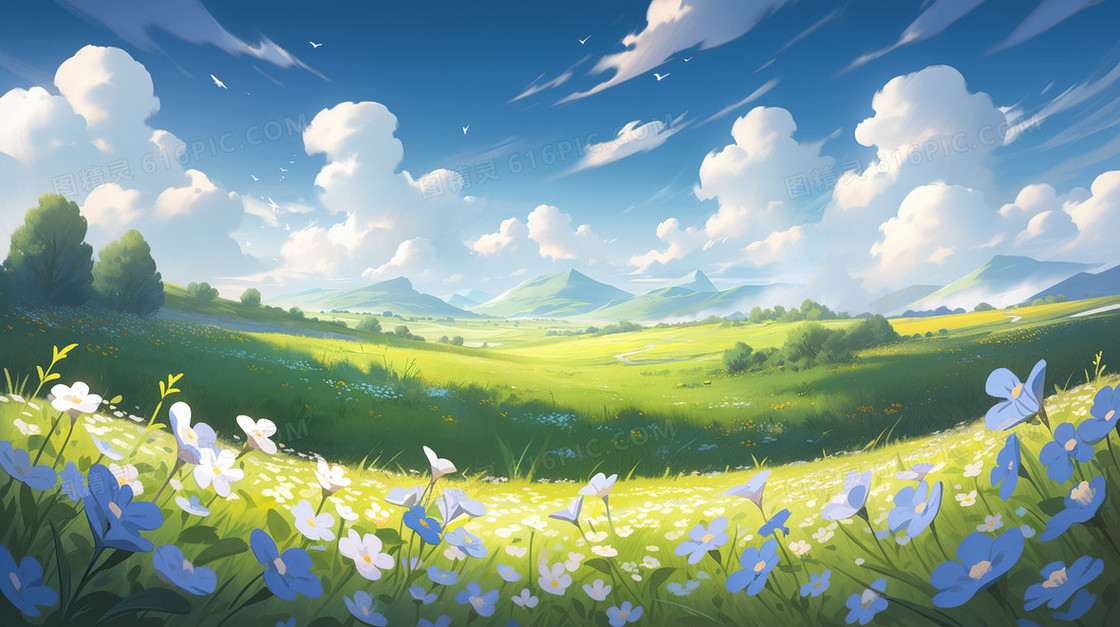 春夏季唯美的绿色草地与蓝天