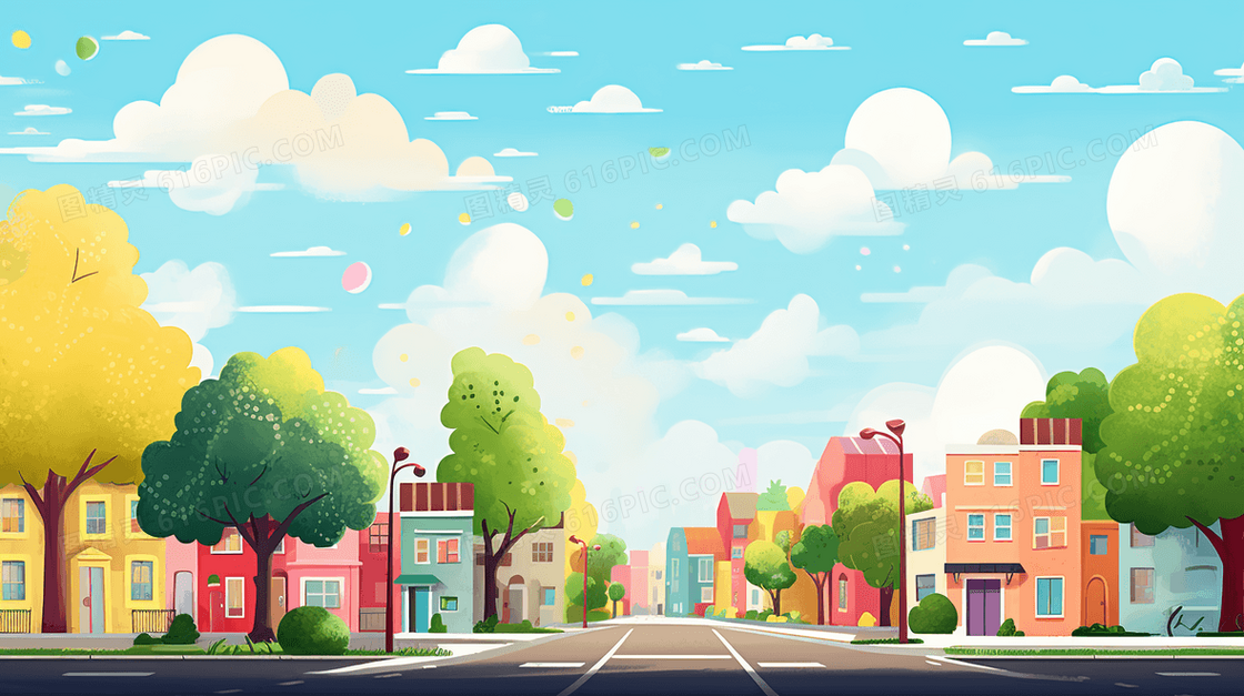 彩色唯美小镇街景风景插画