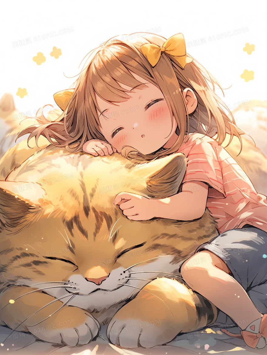 可爱熟睡中卡通小女孩与猫咪