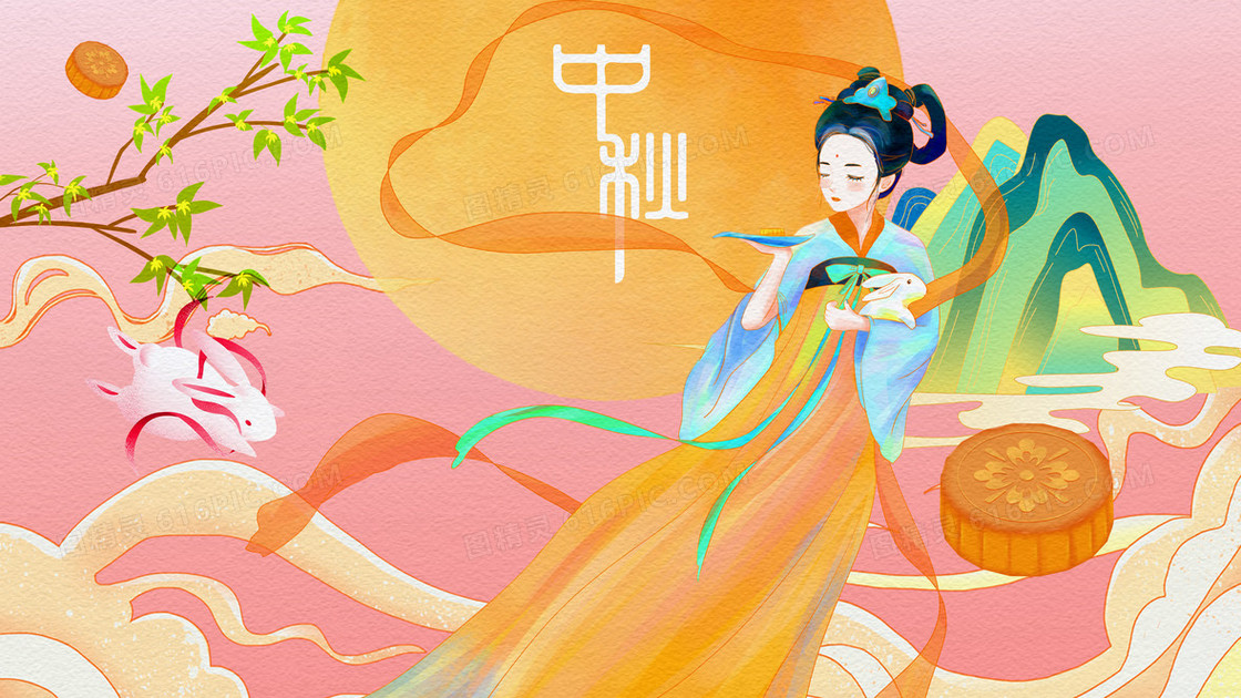 中秋嫦娥奔月玉兔简约插画
