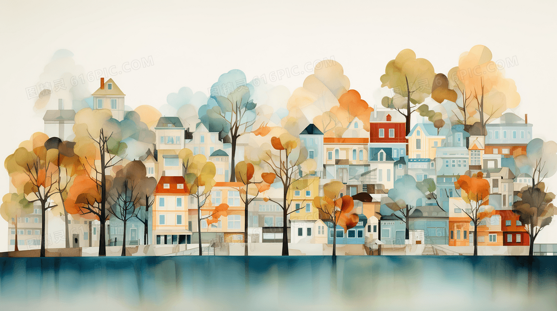 彩色水彩小镇街景房屋插画