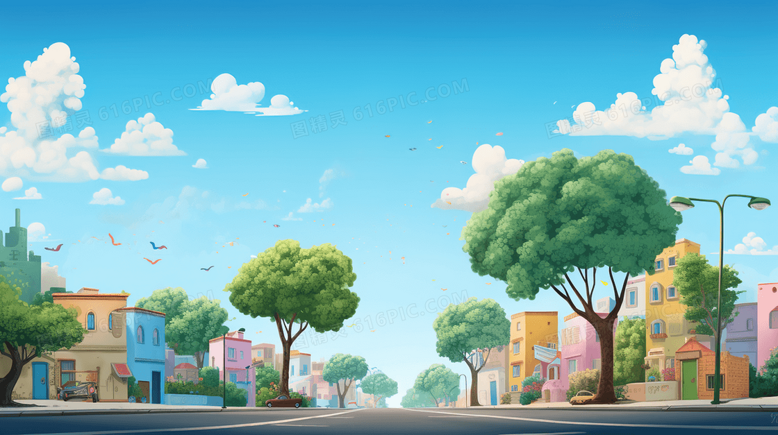 彩色唯美小镇街景风景插画