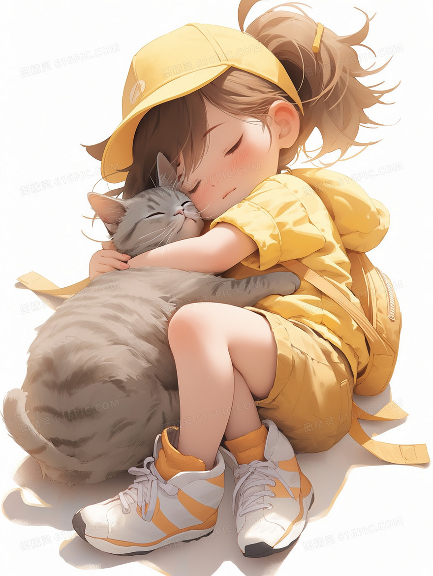 可爱熟睡中卡通小女孩与猫咪
