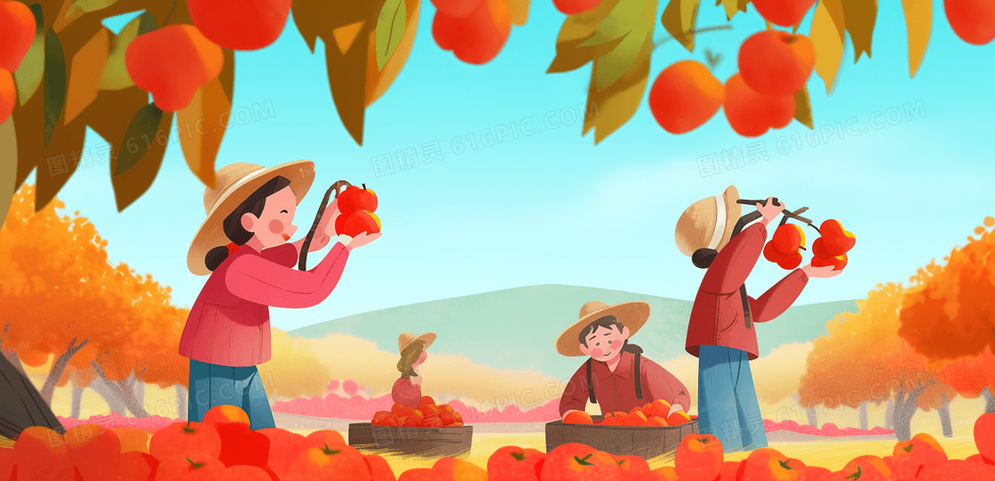 秋天果园里农民们忙碌的采摘成熟的果实创意插画
