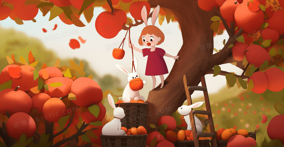 可爱卡通女孩和小兔子在果园摘水果创意插画