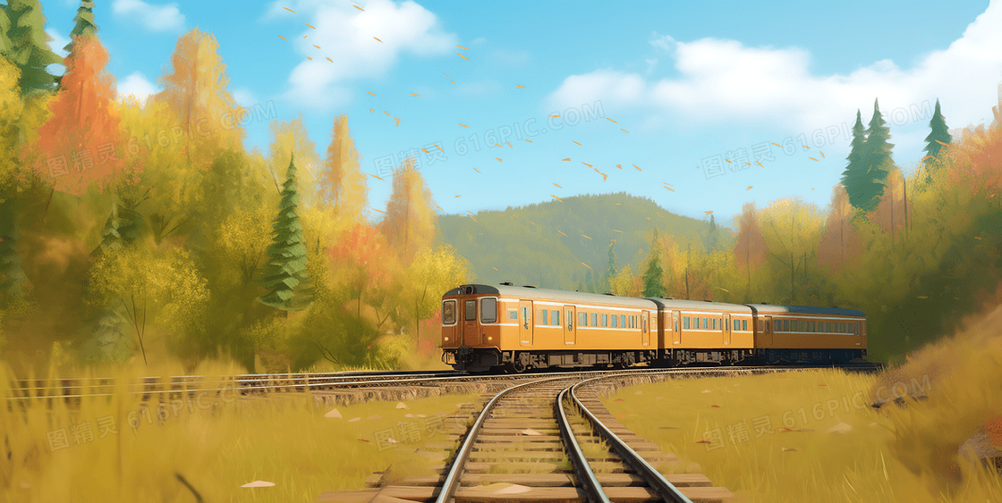 唯美清新秋日草原上的火车创意插画