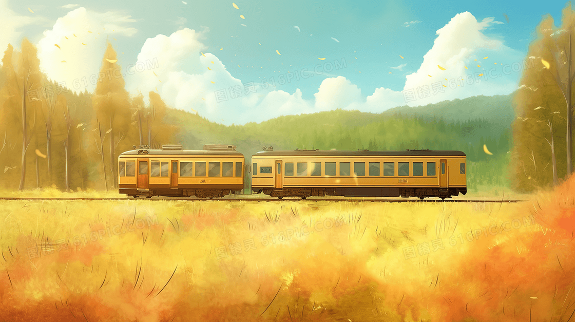 唯美清新秋日草原上的火车创意插画