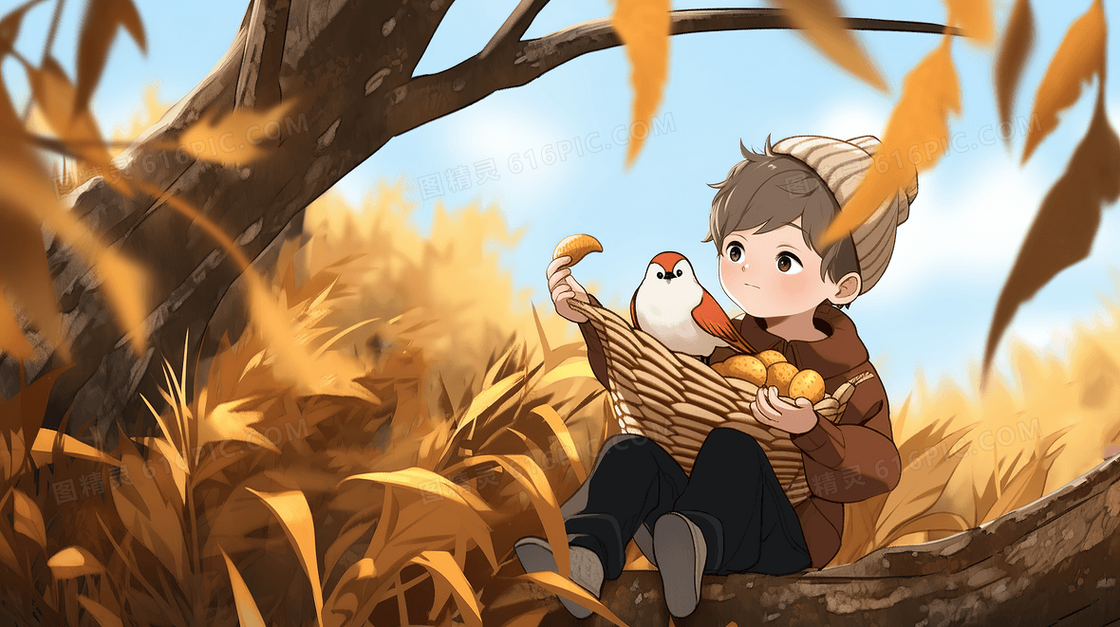 秋天可爱的男孩坐在树上给小鸟喂食创意插画