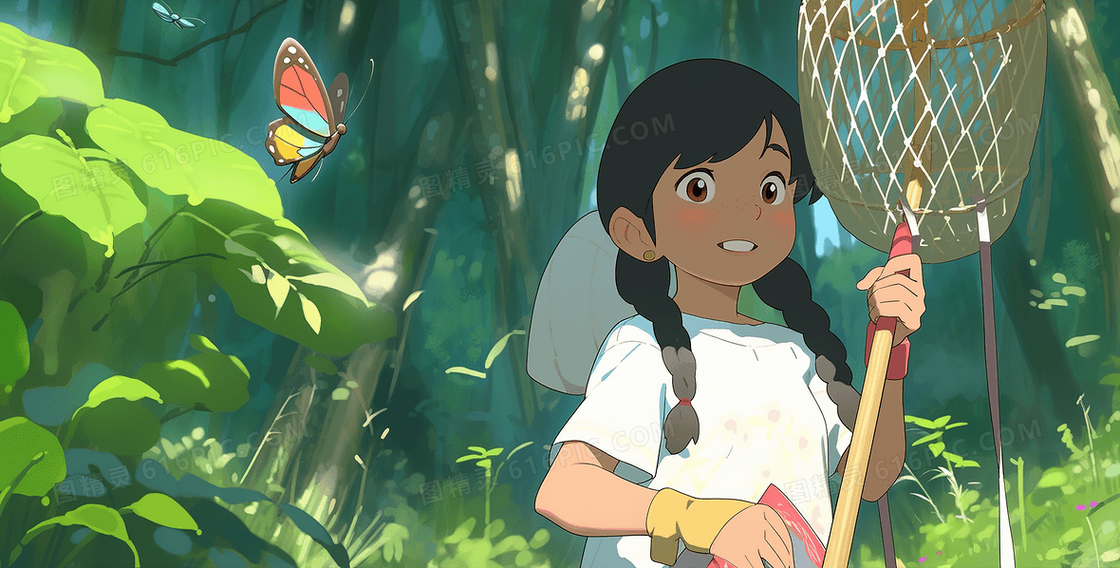 夏天森林里小女孩在抓蝴蝶插画