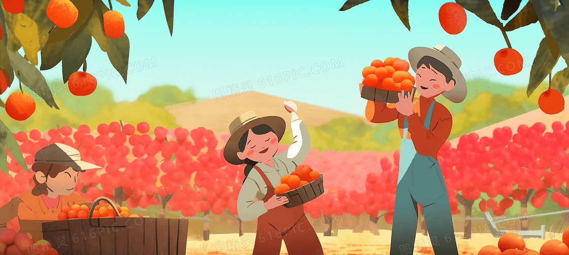 秋天果园里农民们忙碌的采摘成熟的果实创意插画