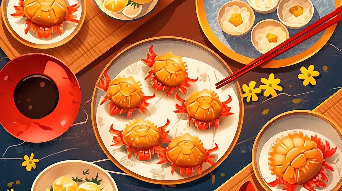 中秋节美味大闸蟹月饼创意美食插画