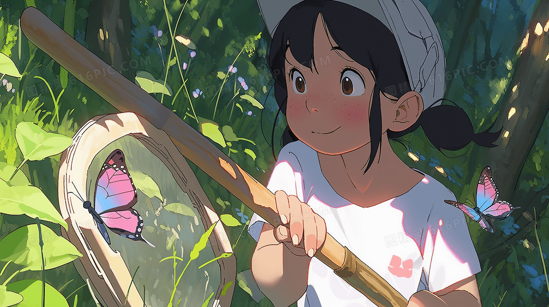 夏天小女孩在森林里抓蝴蝶插画