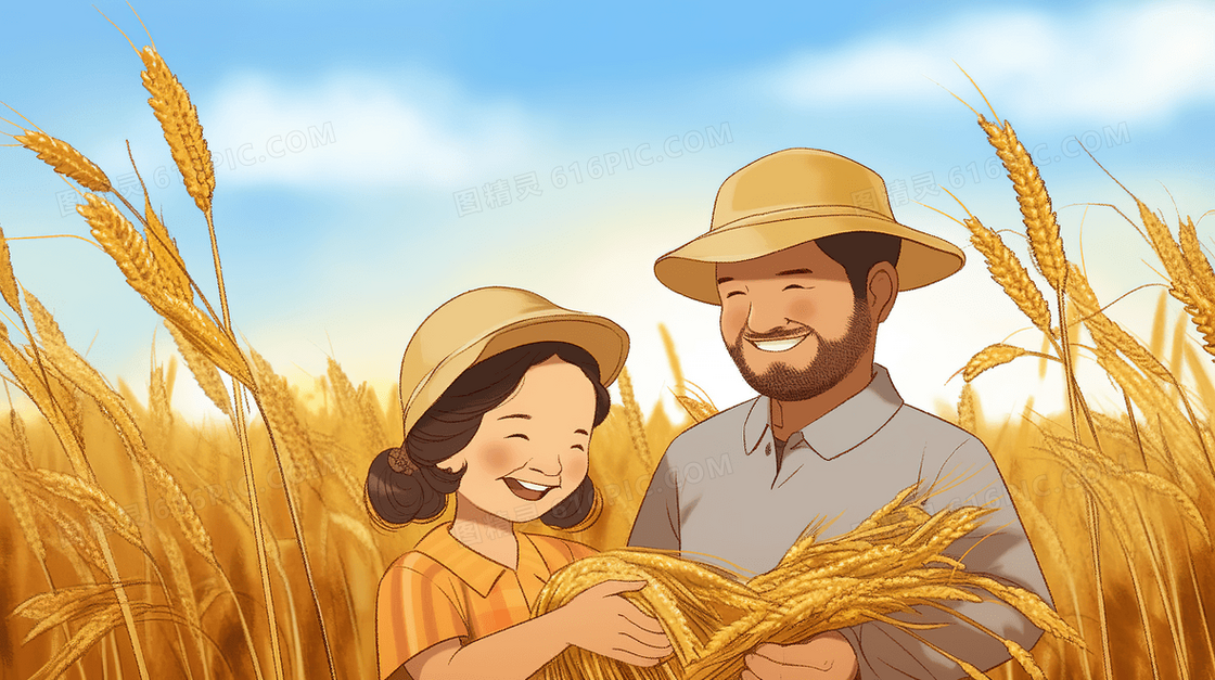 农民夫妇两人在丰收的麦田里开心的笑创意插画