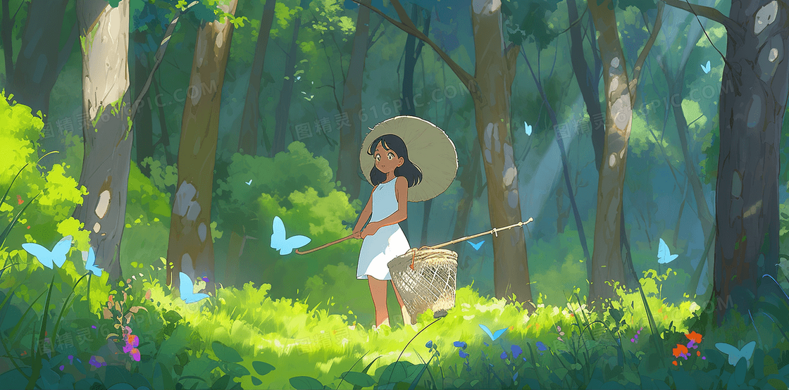 夏天森林里小女孩在抓蝴蝶插画