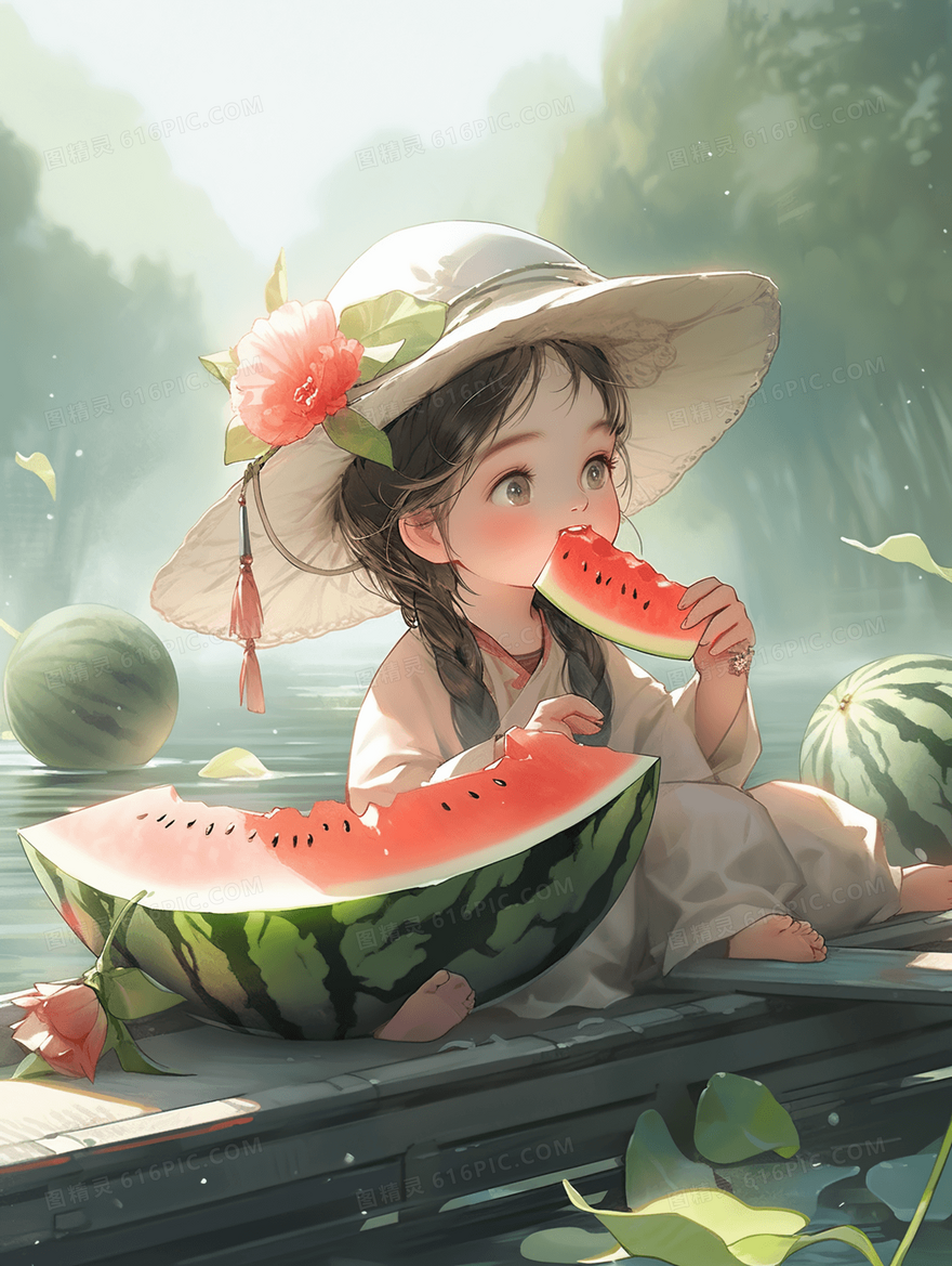 缤纷夏日吃西瓜的小女孩人物插画