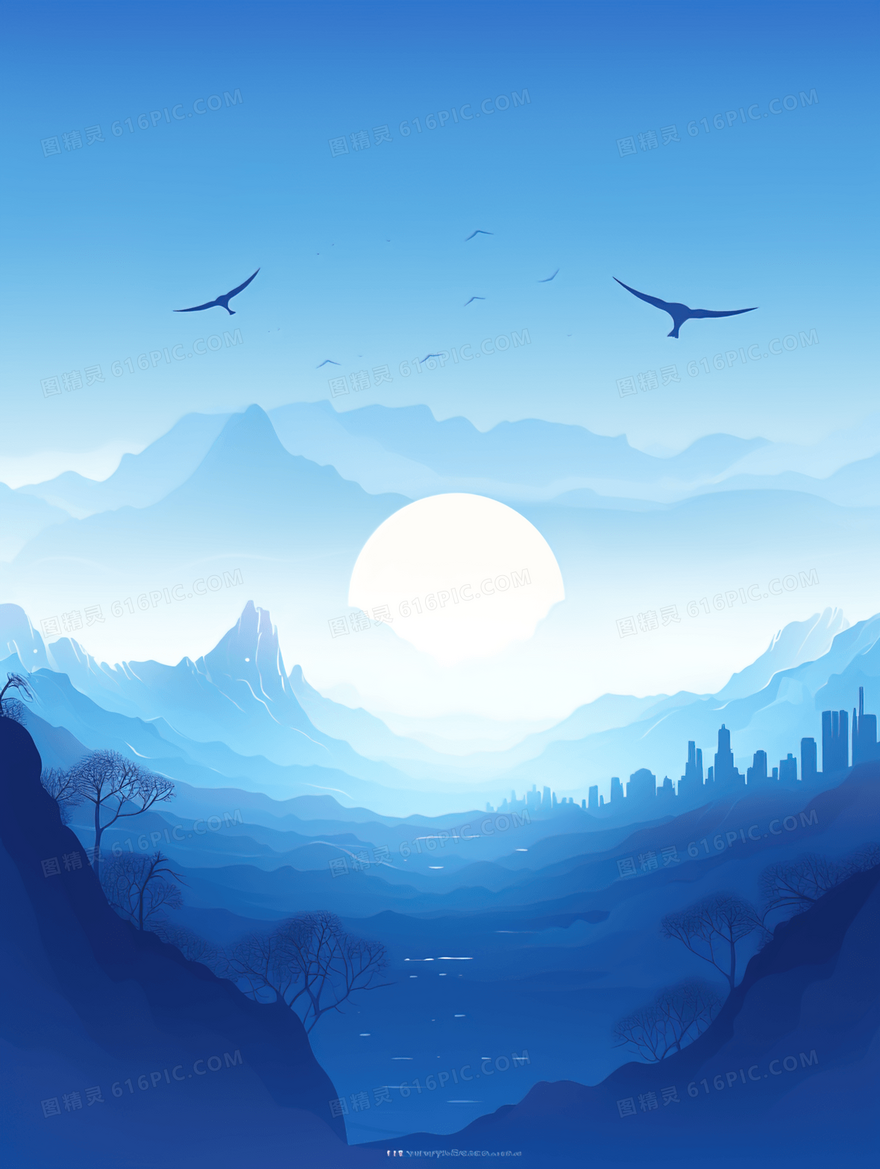 蓝色唯美翱翔的雄鹰山水风景插画