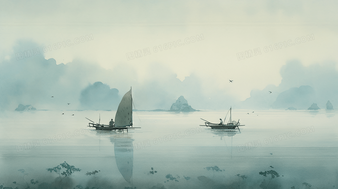 中国风唯美水彩小船山水插画