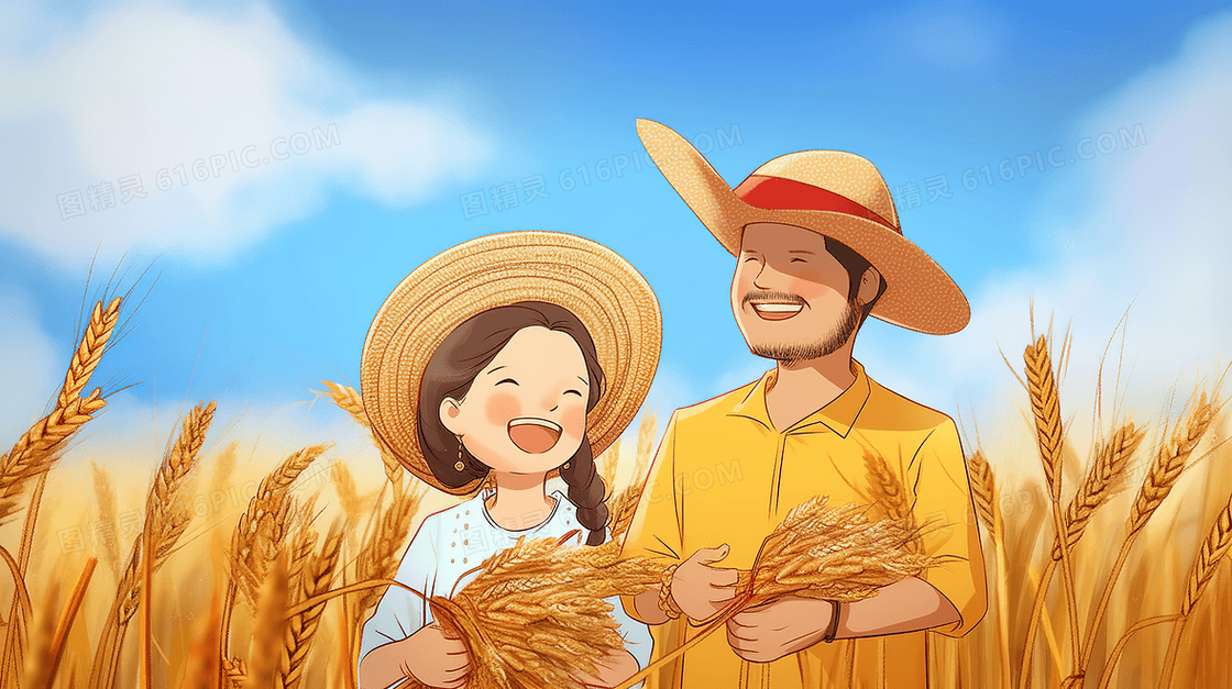 农民夫妇两人在丰收的麦田里开心的笑创意插画