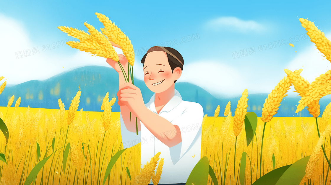农民在金色的麦田检查麦穗成熟情况创意插画