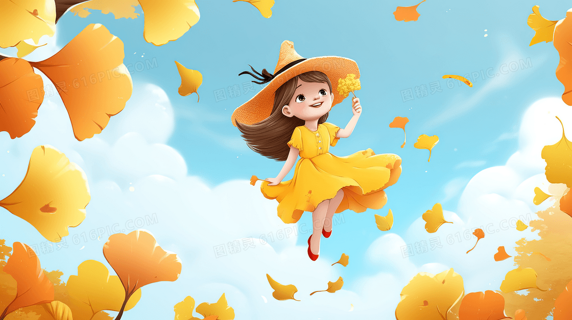 卡通唯美秋天在金色银杏叶间跳舞的可爱小女孩创意插画