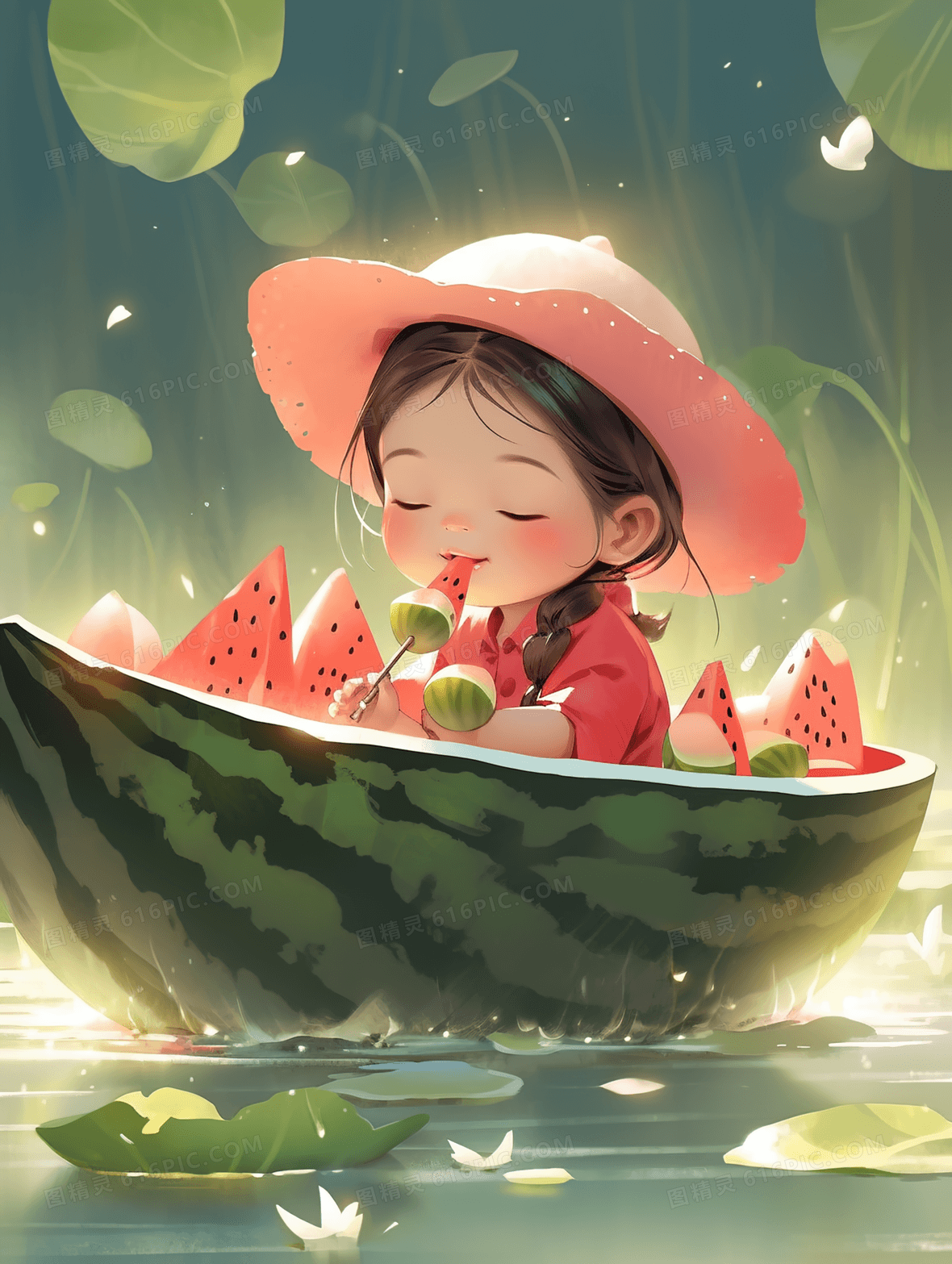 缤纷夏日吃西瓜的小女孩人物插画