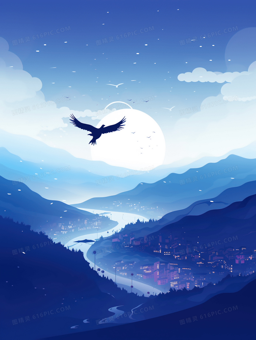 蓝色唯美翱翔的雄鹰山水风景插画