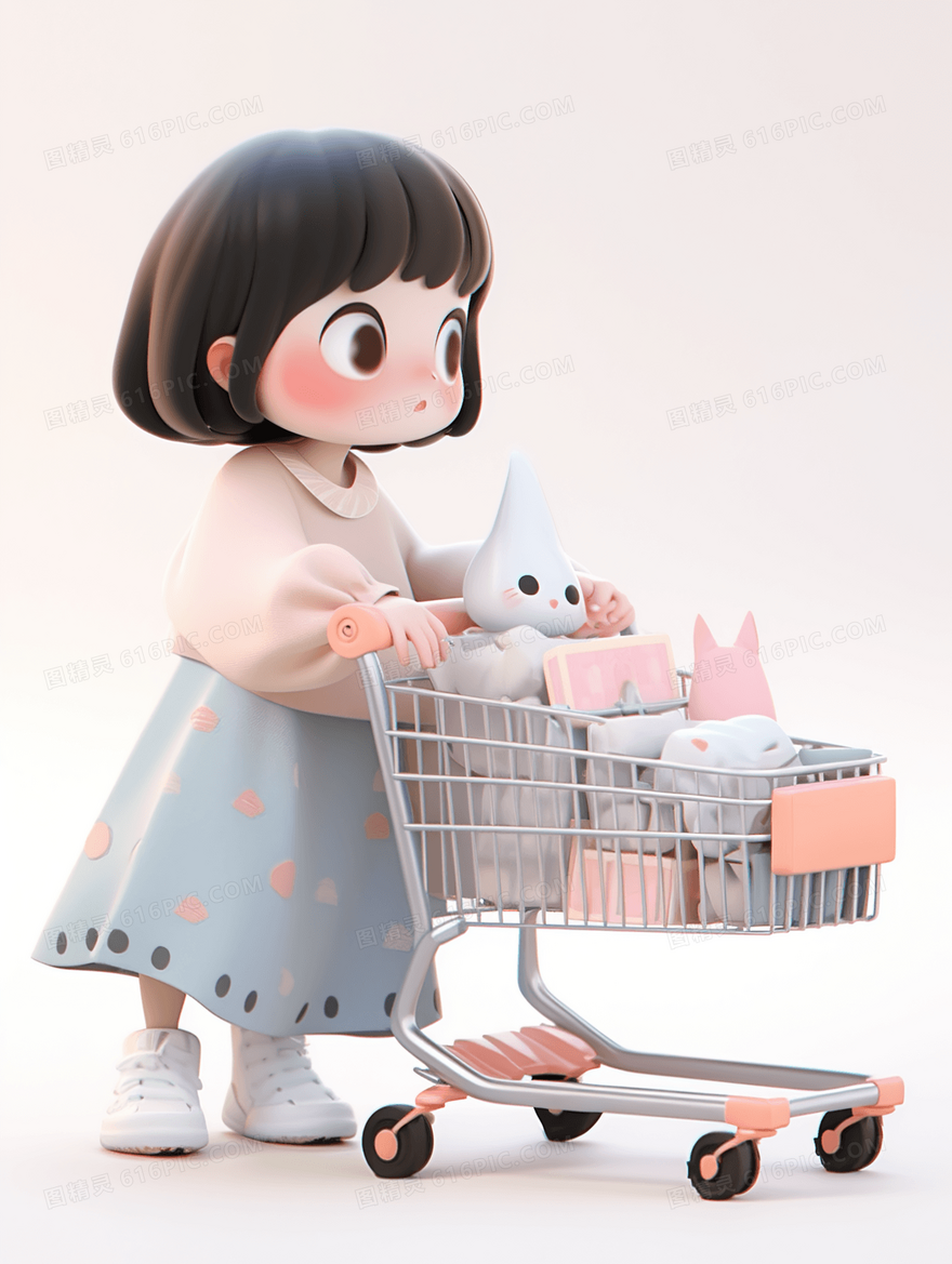 3D立体购物车中的卡通小女孩人物插画