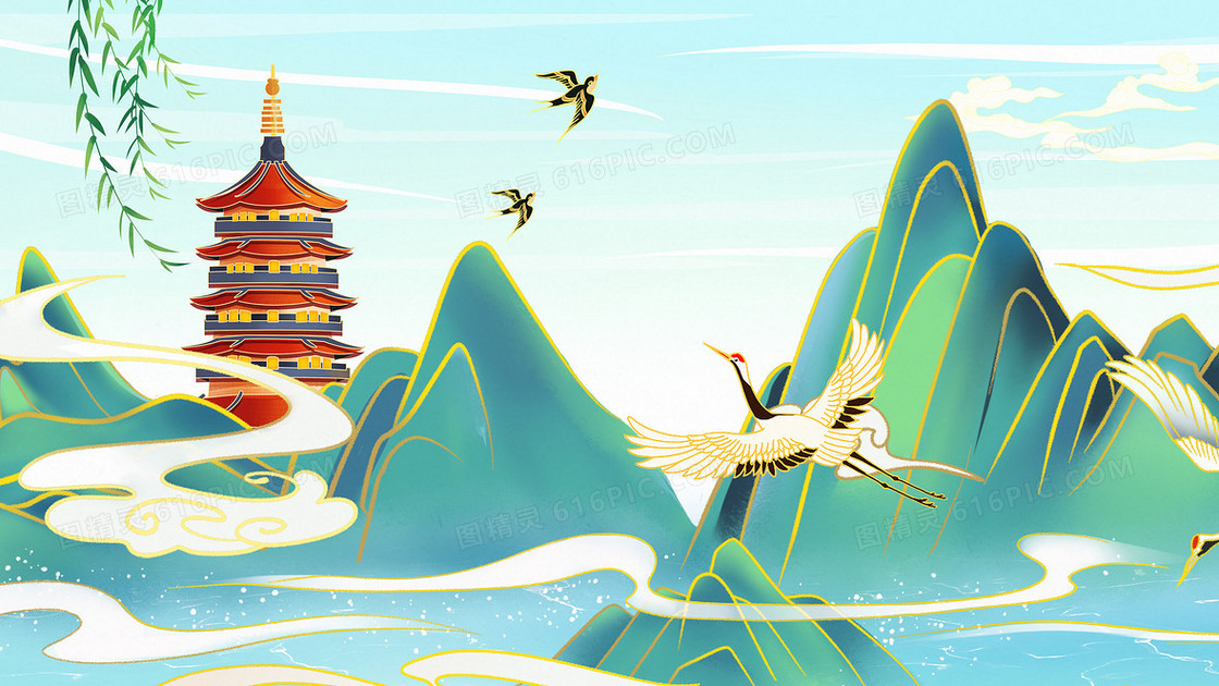 山水国潮建筑塔中国风河山插画