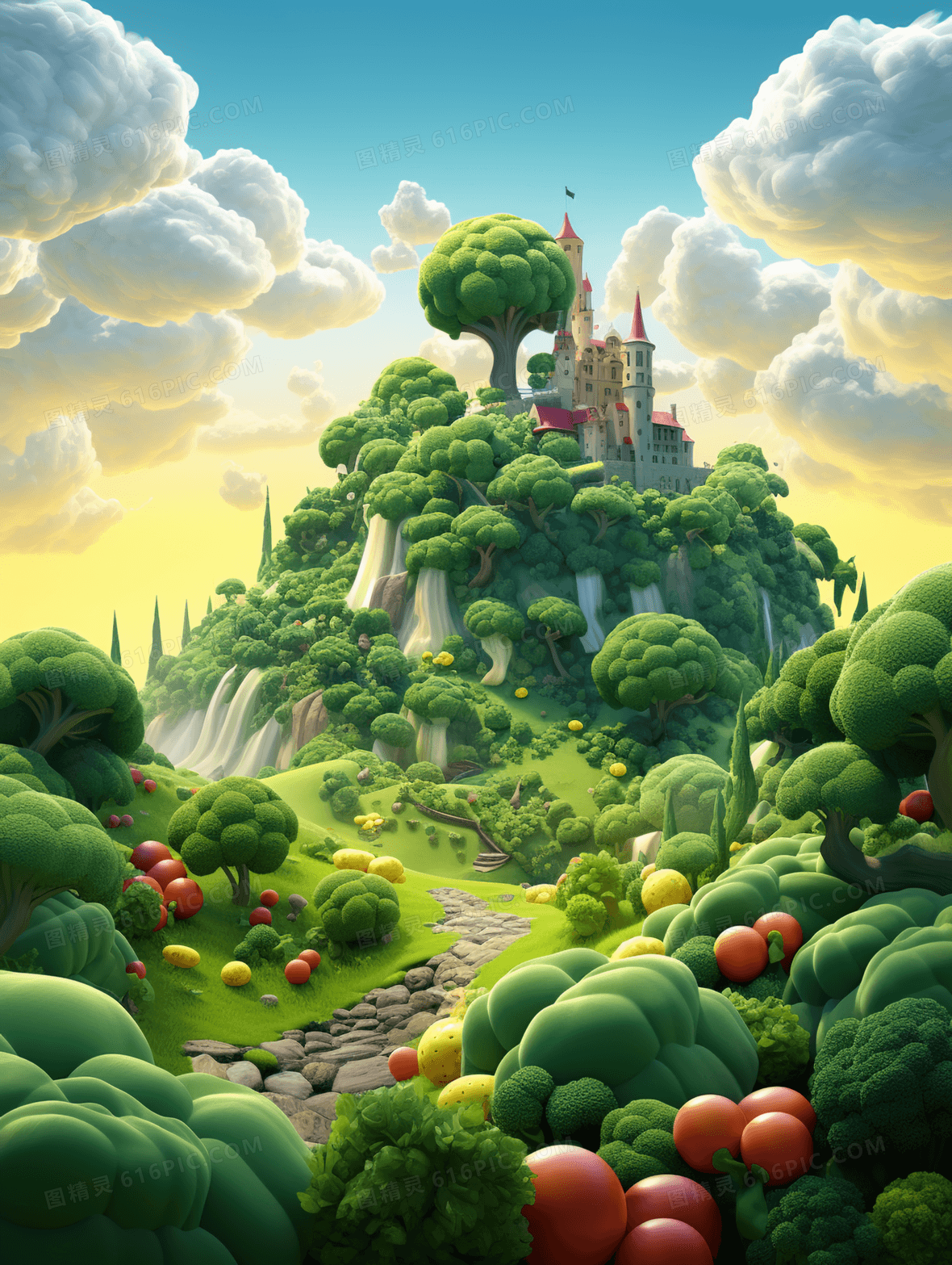 3d立体卡通田野风景插画