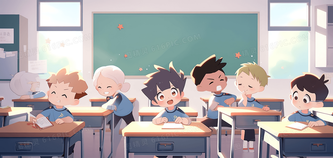 可爱的小学生在教室内坐在自己的座位上创意插画