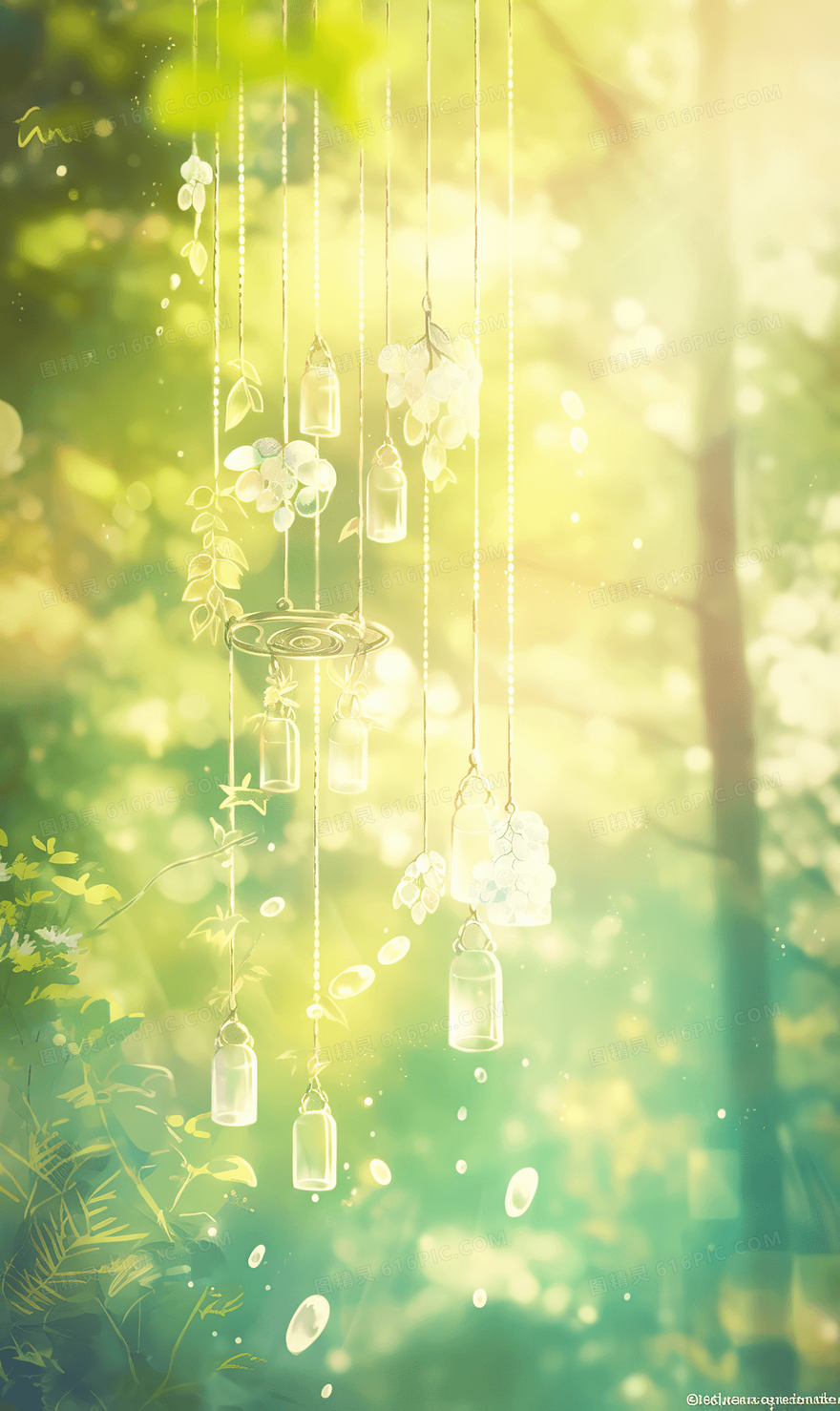 盛夏阳光下透明的玻璃风铃水彩插画