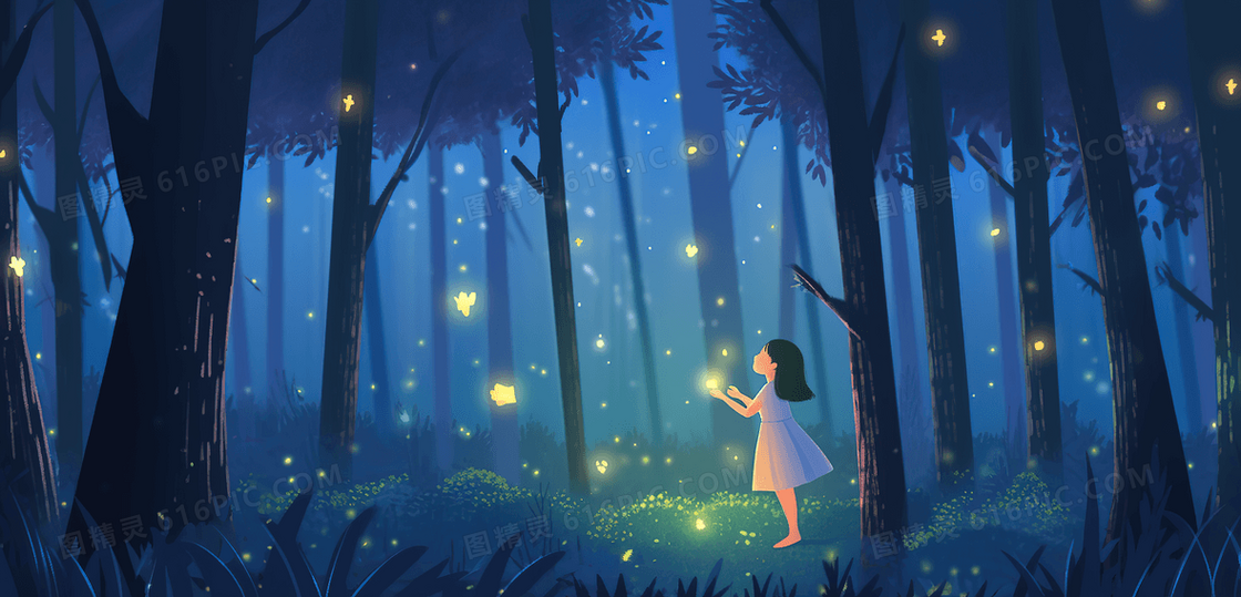 唯美梦幻的森林里小女孩在抓星星插画