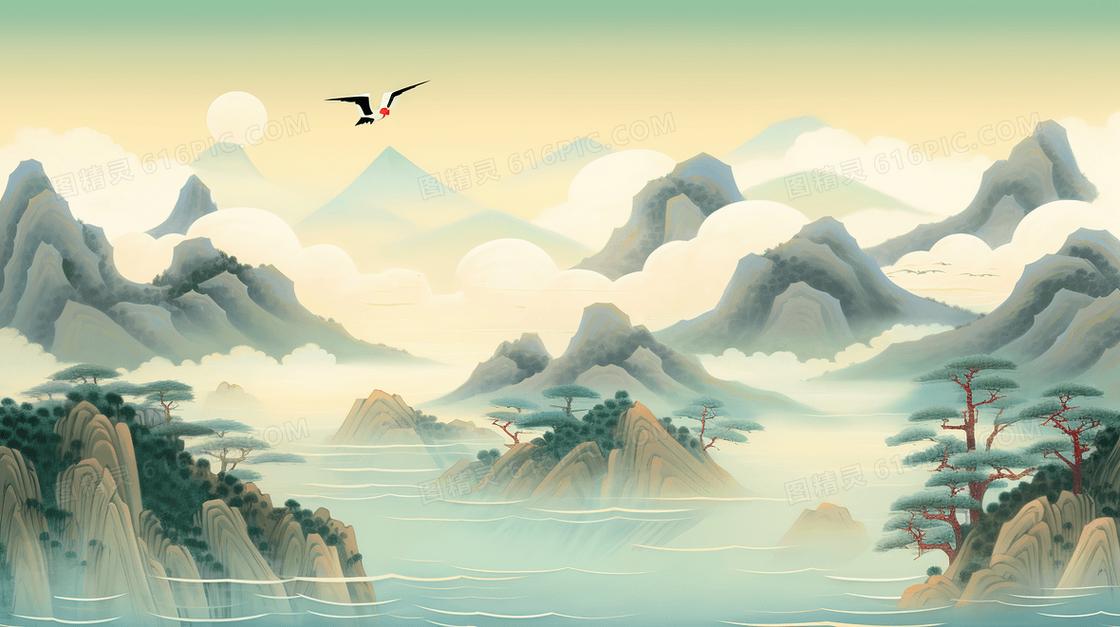 雅致古典中国风山水画创意国潮插画