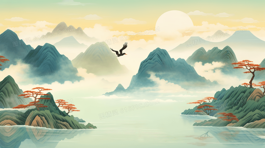 雅致古典中国风山水画创意国潮插画
