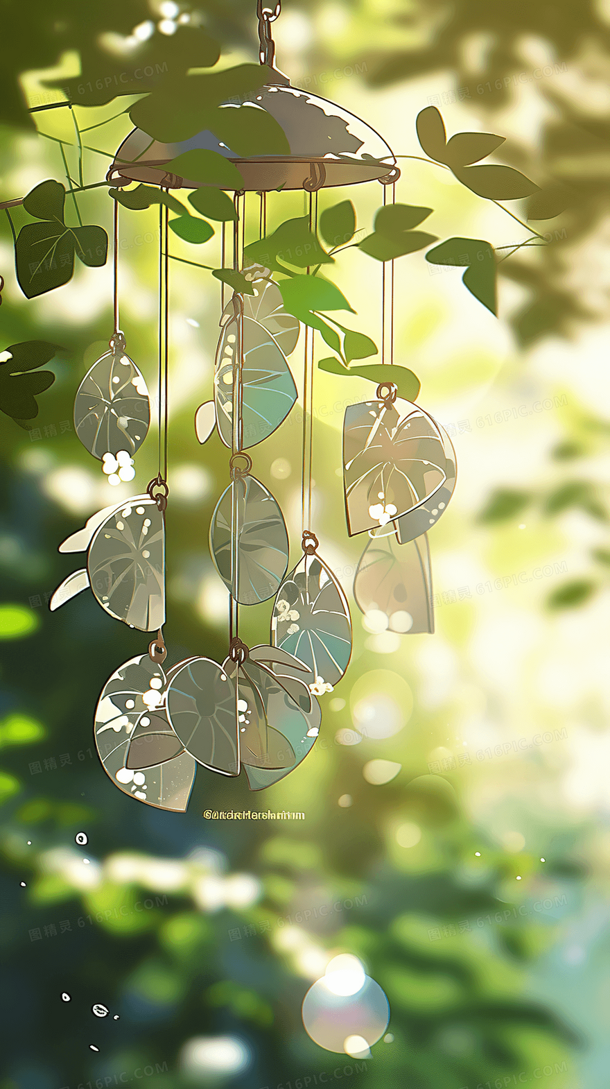 盛夏阳光下透明的玻璃风铃水彩插画
