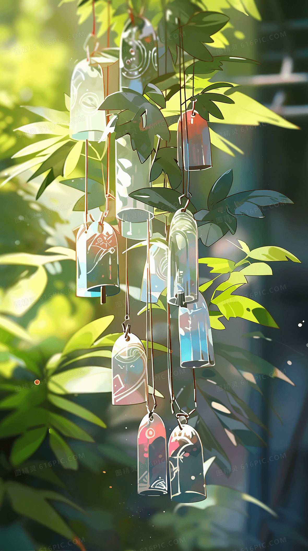 盛夏阳光下透明的玻璃风铃水彩插画