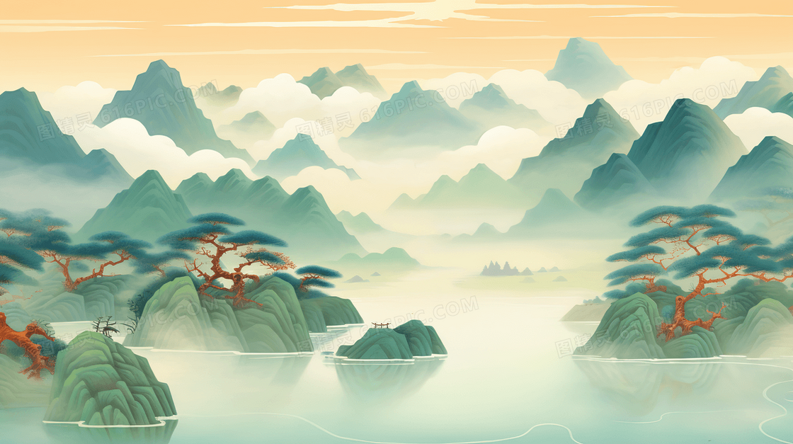 雅致古典中国风山水画创意国潮插画