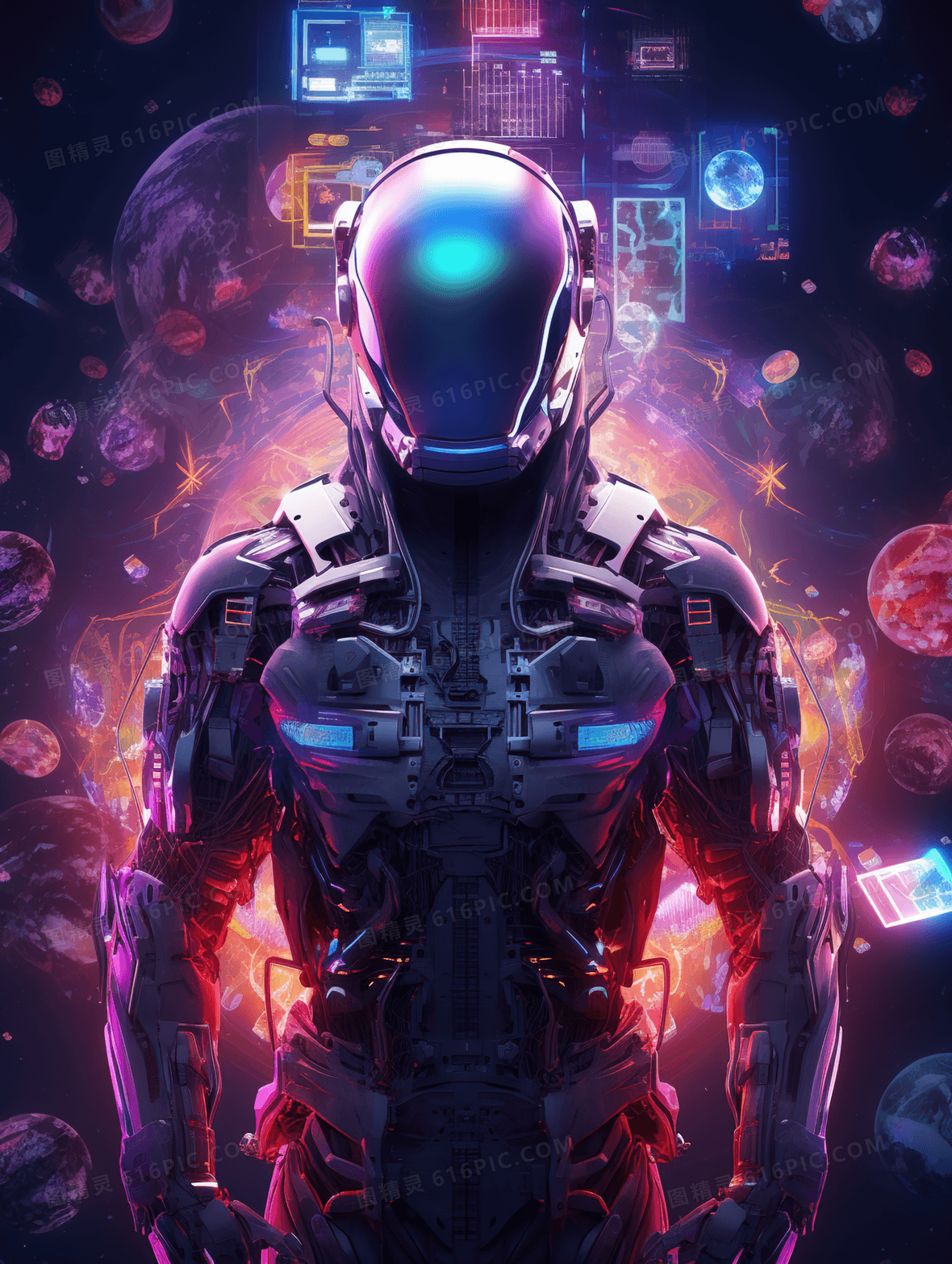 彩色科技感光效人工智能机器人插画