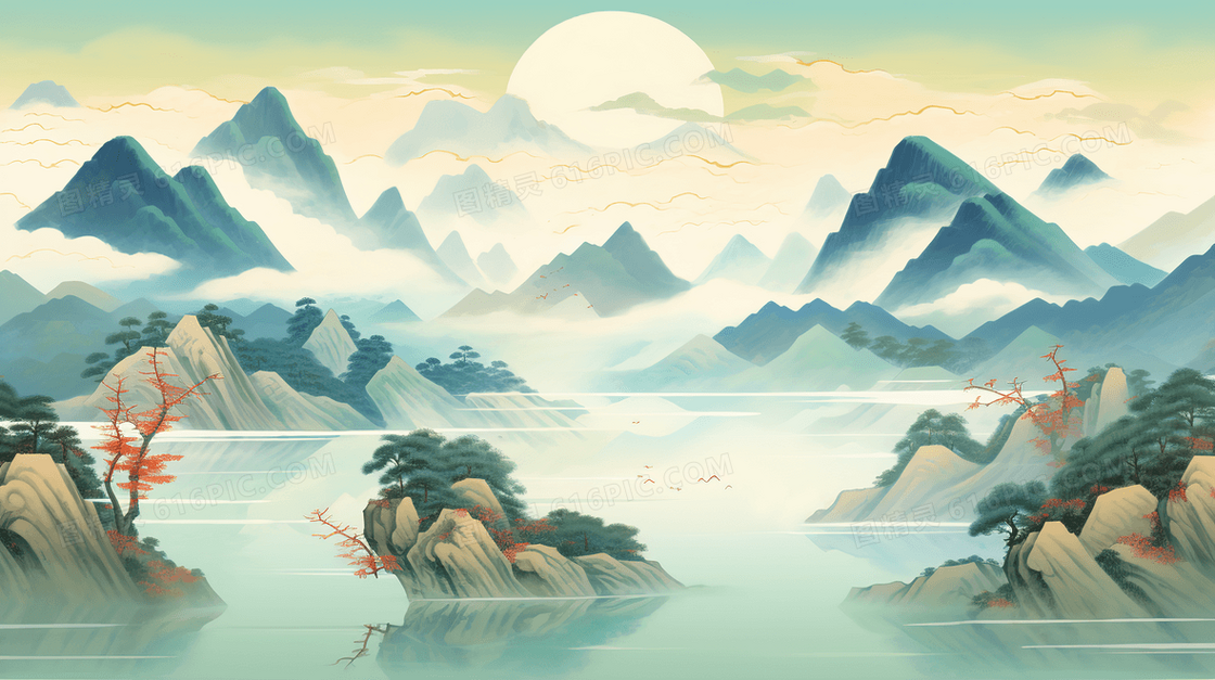 雅致古典中国风山水画创意国潮插画