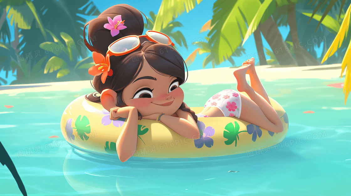 夏日热带森林里女孩在泳池纳凉插画